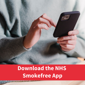 Woman holding phone in hands, text reads 'download the smokefree app)