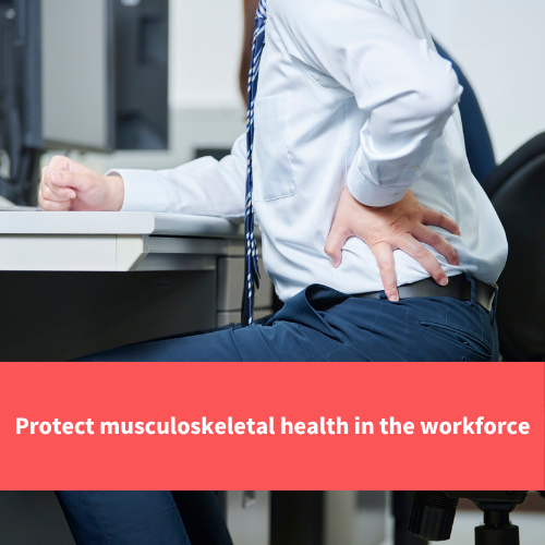 man sat at desk in front of computer holding lower back, text reads "Protect musculoskeletal health in the workforce"