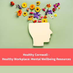 flowers coming out of a head, text reads "Healthy Cornwall - healthy workplace: mental wellbeing resources"
