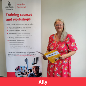 A member of healthy cornwall team smiling at camera, text reads "Ally"