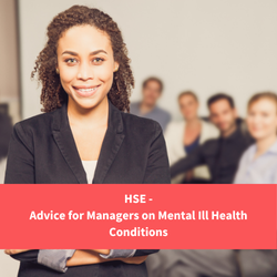 person smiling in front of other staff members, text reads "HSE - advice for managers on mental ill health conditions"