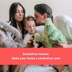 a family on a sofa playing with soft toys, text reads "Smokefree Homes: make your home a smokefree zone"