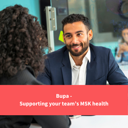 manager speaking with staff member, text reads "Bupa - supporting your teams msk health"