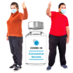 image of two people with their thumbs up next to a bottle of Covid 19 vaccine