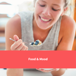 woman eating a bowl of porridge with fruit on, text reads "Food & Mood"