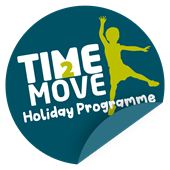Time to move holiday programme logo, large circle with text and outline of young child jumping in air, text reads "Time 2 Move, Holiday Programme"