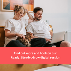 a couple sit on a sofa with their cat, the woman is pregnant and they are watching something on a laptop, text reads "find out more and book on our ready steady grow digital session"
