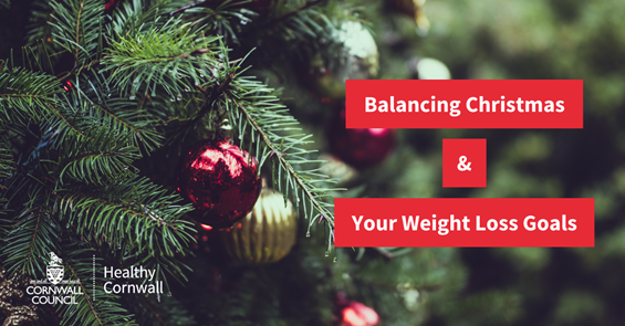 image of a christmas tree with baubles on, text over the top reads "Balancing Christmas and your weight loss goals"