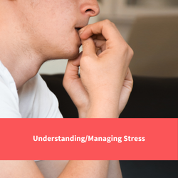 a man sat biting nails and looking stressed, text reads "Understanding/Managing Stress"