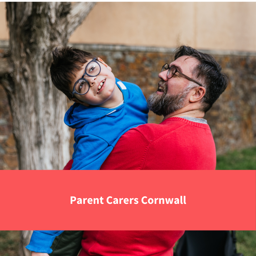 image of a child with a disability and his parent smiling, text reads "Parent Carers Cornwall"