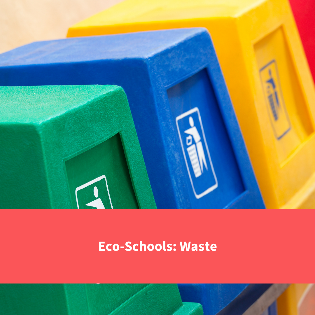 recycling bins, text reads "ecoschools:waste"