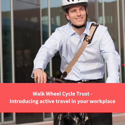 2 people at work, one with a bike, text reads "sustrans active travel in your workplace!
