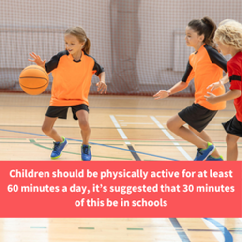 school children playing basketball, text reads "Children should be physically active for at least 60 minutes a day, it's suggested that 30 minutes of this be in schools