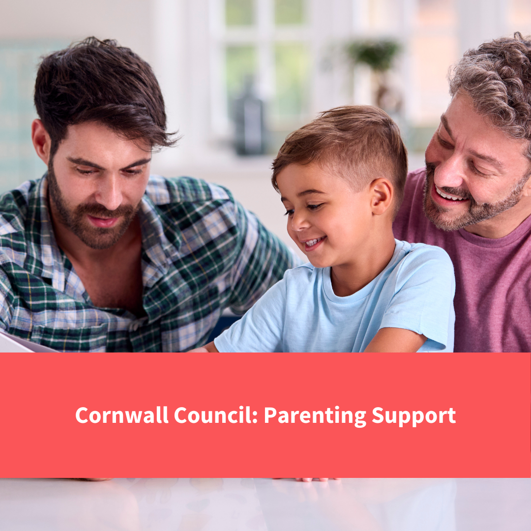 a couple with their son readinga book together, text reads "cornwall council: parenting support"
