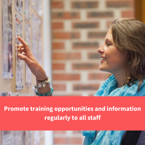 person looking at posters on a notice board, text reads "Promote training opportunities and information regularly to all staff"