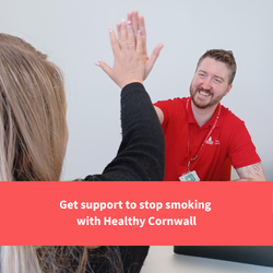 member of healthy cornwall high fiving someone, text reads "Get support to stop smoking with Healthy Cornwall"