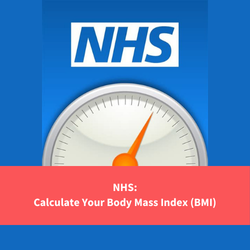 nhs app logo of scales, text reads "nhs: calculate your BMI"