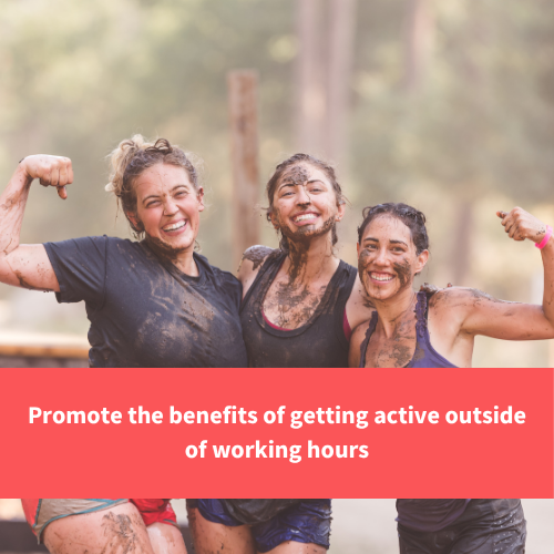 three women stood with sports clothes and mud on them showing off muscles and smiling, text reads "Promote the benefits of getting active outside of working hours"