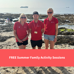 3 members of healthy cornwall staff smilin gon a beach, text reads "free summer family activity sessions"