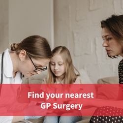 image of doctor, child and parent sat down together as the doctor performs  test on the child, text reads 'find your nearest GP Surgery'
