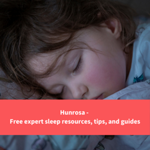 a young girl sleeping, text reads "Hunrosa - free expert sleep resources, tips and guides"