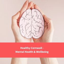 hands holding a picture of a brain, text reads "Healthy Cornwall - Mental health and wellbeing"