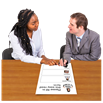 image of woman helping a man fill out a form