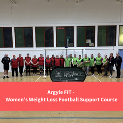 image of a group of women in sports clothes and bibs smiling towards camera in front of a football goal, text reads "Argyle FIT - Womens Weight Loss Football Support Course"