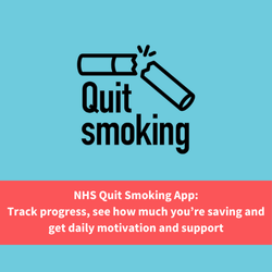 NHS quit smoking logo, text reads "nhs quit smoking app: track progress, see how much you're saving and get daily motivation and support"