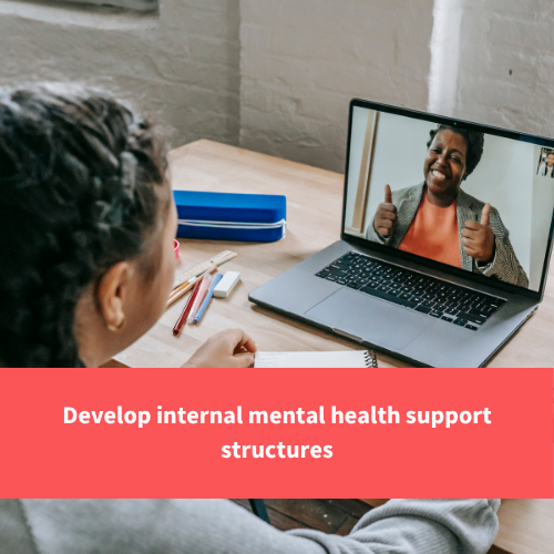 two people talking over video call on laptops and smiling, text reads "Develop internal mental health support structures"