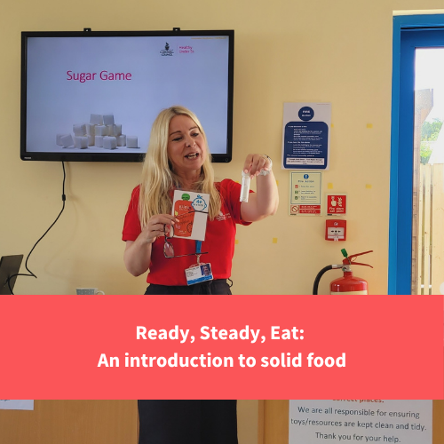 a healthy cornwall staff member delivering training and holding a baby food pouch, text reads"ready, steady, eat: an introduction to solid food"