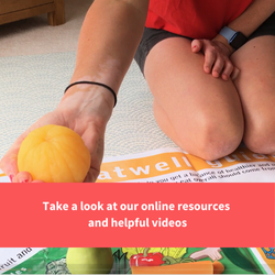a member of healthy cornwall staff holding an orange on an eatwell guide mat, text reads "take a look at our online resources and helpful videos"