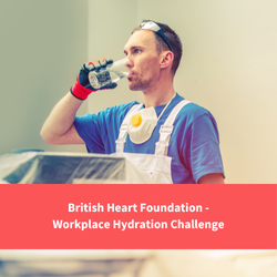 man drinking water at work, text reads "nhf - workplace hydration challenge"