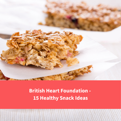 flapjack on bakin gpaper, text reads "BHF 15 healthy snack ideas"