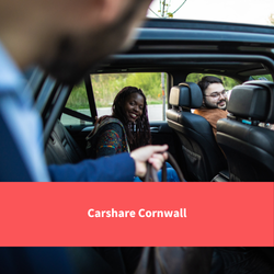 man getting into car with people sat inside, text reads "Carshare cornwall"