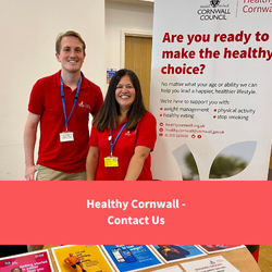 2 healthy cornwall staff members smiling at camera, text reads "Healthy Cornwall - contact Us"
