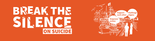 banner image reading "Break the silence on suicide" with an image of a cornish harbour