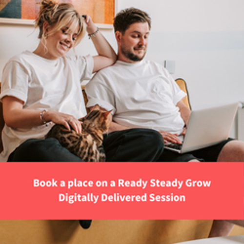 pregnant women and partner smiling whilst watching something on a laptop on a sofa, text reads "book a place on ready steady grow"