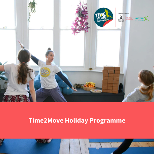 a yoga teacher showing children how to perform a movement, text reads "time2move holiday programme"