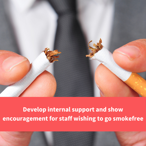 person in suit breaking a cigarette in half, text reads "Develop internal support and show encouragement for staff wishing to go smokefree"