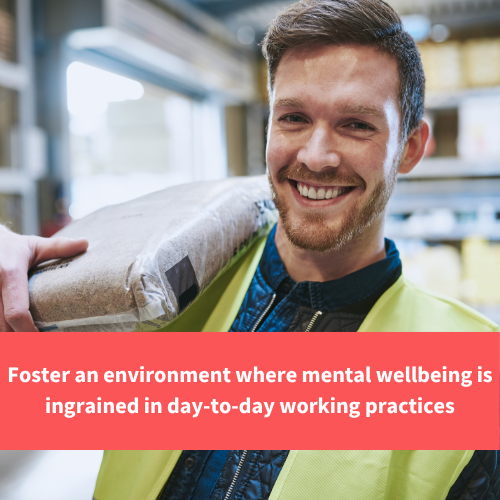 man holding a package in a warehouse and smiling, text reads "Foster an environment where mental wellbeing is ingrained in day to day working practices"