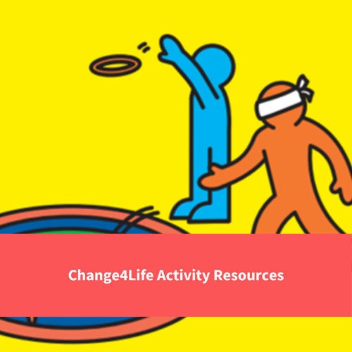 chagne for life branded figures playing frisbee, text reads "change4life activity resources"