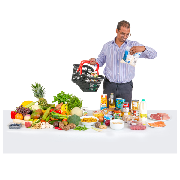 this image shows man reading a food label
