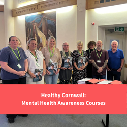 imag eof participants and trainer of healthy cornwall mental health session, txt reads "healthy cornwall: Mental Health Courses"