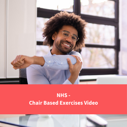 a man stretching his arm at his desk, text reads "nhs chair based exercises video"