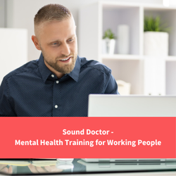 man sat looking at laptop, text reads "sound doctor - mental health training for working people"