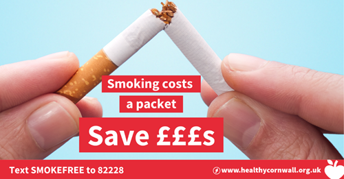 image of a person snapping a cigarette, text reads "smoking costs a packet, save £££s", "text smokefree to 82228"