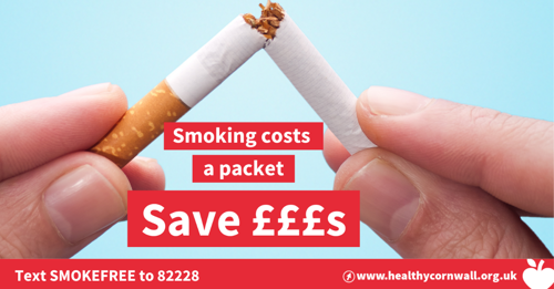 image of a person snapping a cigarette, text reads "smoking costs a packet, save £££s", "text smokefree to 82228"