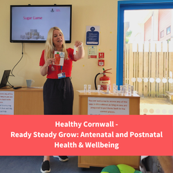 healthy cornwall staff member delivering training, text reads "healthy cornwall - ready steady grow: antenatal and postnatal health and wellbeing"