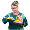 image of woman showing how to clean teeth